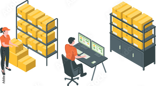 Isometric warehouse management illustration showing employees organizing boxes, checking inventory data on computer screens, and managing logistics workflow efficiently