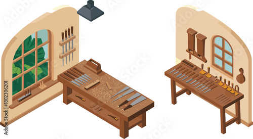 Isometric woodworking workshop illustration, carpentry tools on benches, chisels, files, workbench, wood shavings, craftsmanship studio, detailed 3D interior design