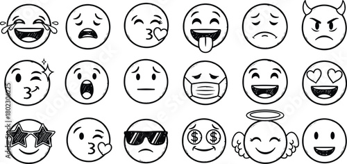 Collection of hand drawn oval emoji faces expressing various emotions and feelings in black and white