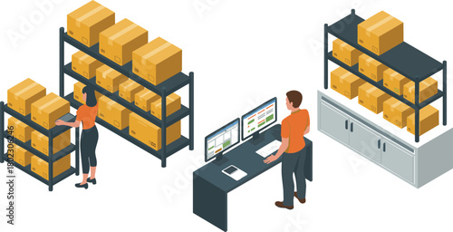 Isometric warehouse management illustration showing employees organizing boxes, checking inventory data on computer screens, and managing logistics workflow efficiently