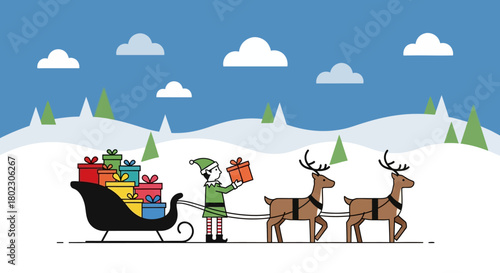 Festive Christmas Sleigh Ride with Reindeer and Elf Delivering Gifts in Snowy Landscape