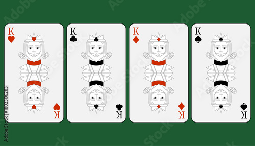 A set of playing cards with the image of a king of all suits on a green background.