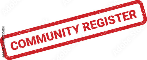 A bold red rectangular stamp with a rough grunge texture displays the words COMMUNITY REGISTER for various uses