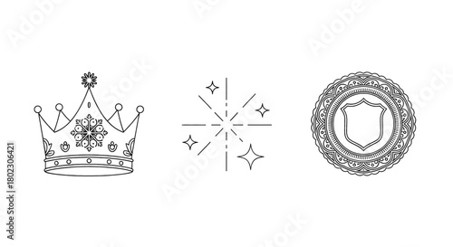 Royal crown, sparkling stars, and ornate shield emblem icons for regal or protection concepts.