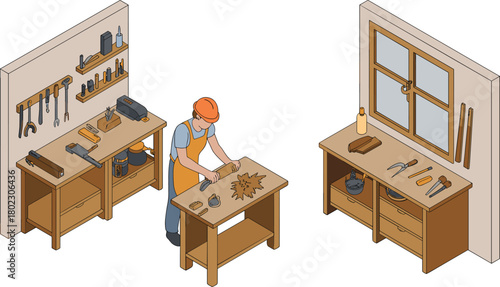 Isometric woodworking workshop illustration, carpentry tools on benches, chisels, files, workbench, wood shavings, craftsmanship studio, detailed 3D interior design