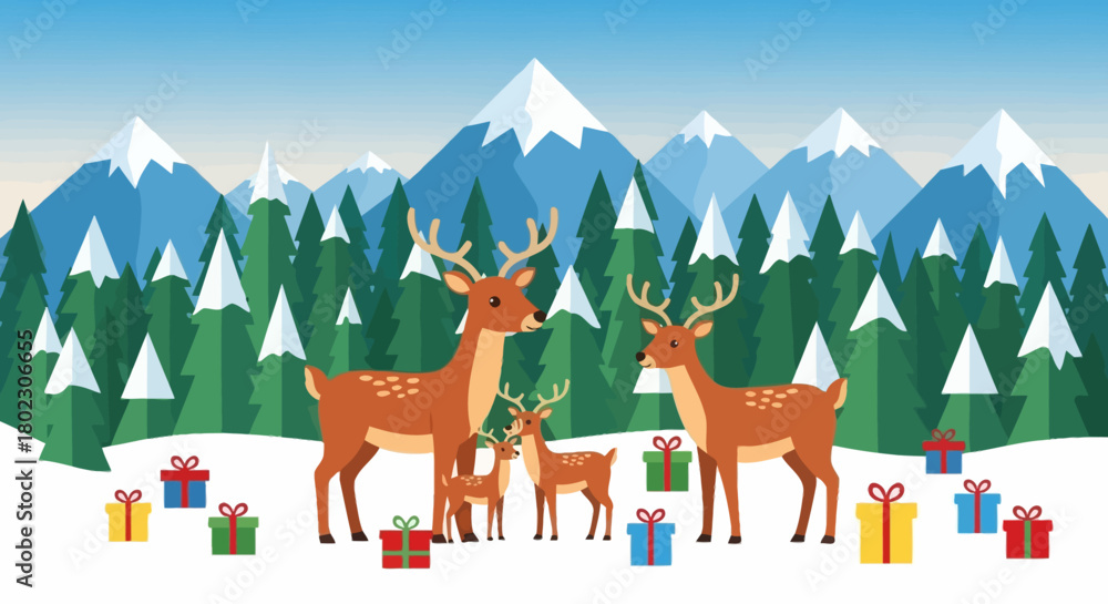 Obraz premium Festive illustration of a deer family with colorful gift boxes against a backdrop of snowy mountains and evergreen trees, perfect for holiday themes