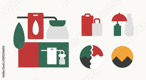 Abstract geometric illustrations depicting industrial processes and retail concepts