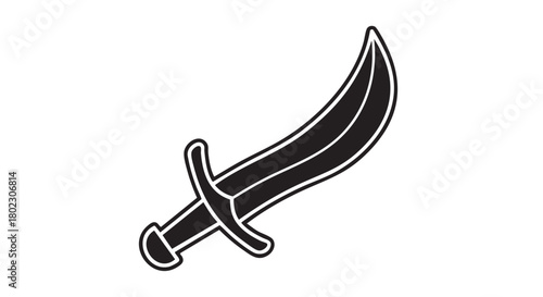 A sleek, stylized illustration of a curved blade, resembling a scimitar or pirate cutlass, rendered in a striking black and white iconographic style for versatile design projects