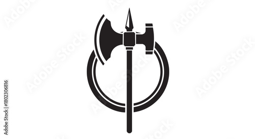 Symbol of a medieval battle axe and hammer within a circular frame, representing strength and history