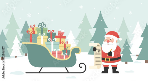 Festive Santa Claus holding a gift list next to his sleigh overflowing with presents in a snowy forest