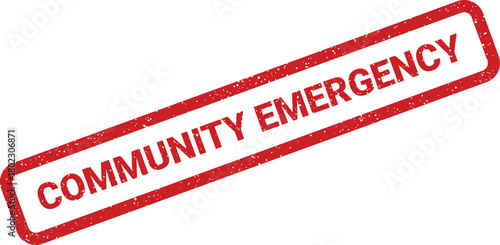A bold red textured stamp mark indicates Community Emergency set prominently at an angle against a pure white backdrop