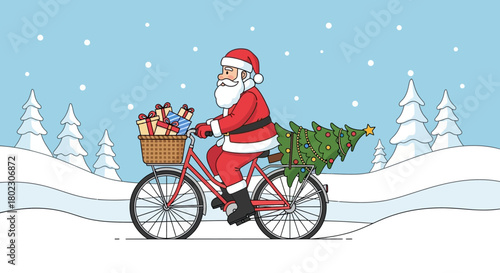 Santa Claus delivering gifts and Christmas tree on a bicycle through a snowy winter landscape