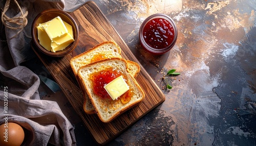 A delicious breakfast spread featuring toasted bread topped with butter and vibrant red jam, presented on a wooden cutting board.