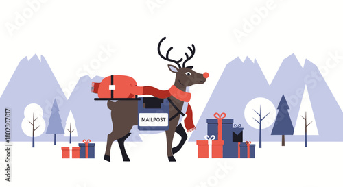 Festive reindeer postal service delivering gifts during winter holiday season with snowy mountains and trees in background