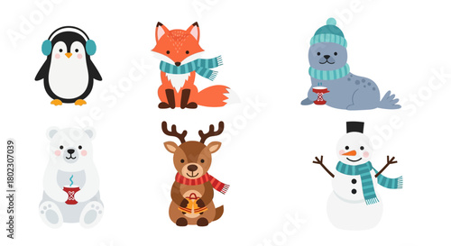 Charming winter animals and snowman illustrations, perfect for festive decorations and seasonal designs