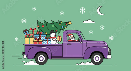 Festive Santa Claus driving a vintage purple truck loaded with Christmas gifts and a snowman, heading towards a winter holiday celebration