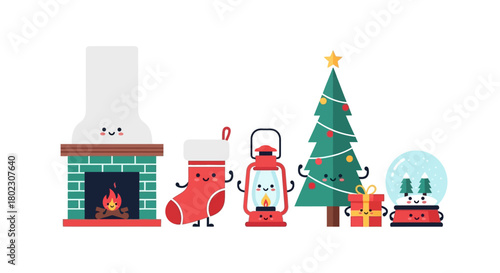 Cute Christmas characters with a fireplace, stocking, lantern, tree, and snow globe enjoying the holiday season