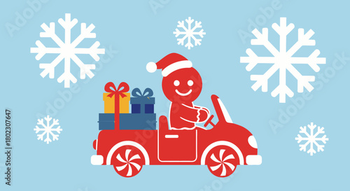 Gingerbread man in a car delivering gifts and presents with snowflakes on a blue background