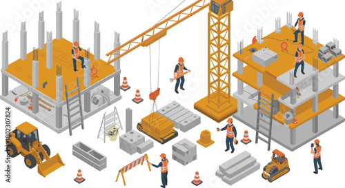 Modern construction site with tower crane, workers, heavy machinery, and unfinished concrete building structure in urban city development background scene