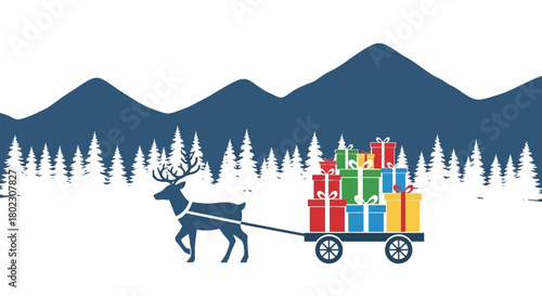 Festive Christmas reindeer pulling a wagon full of gifts with a snowy forest and mountain backdrop