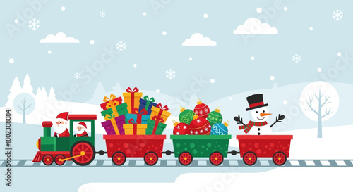 A cheerful Christmas train carrying presents and ornaments, with Santa Claus and a snowman conductor, journeys through a snowy winter landscape