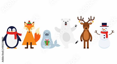 Cute Arctic Animals and Penguin in Festive Christmas Attire Celebrating Together