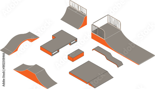 Modern isometric skatepark design with ramps, rails, half pipe, and grind boxes, minimal urban extreme sports architecture illustration concept