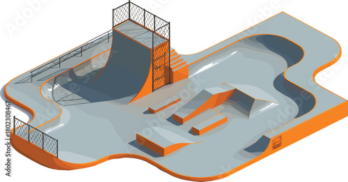 Modern isometric skatepark design with ramps, rails, half pipe, and grind boxes, minimal urban extreme sports architecture illustration concept