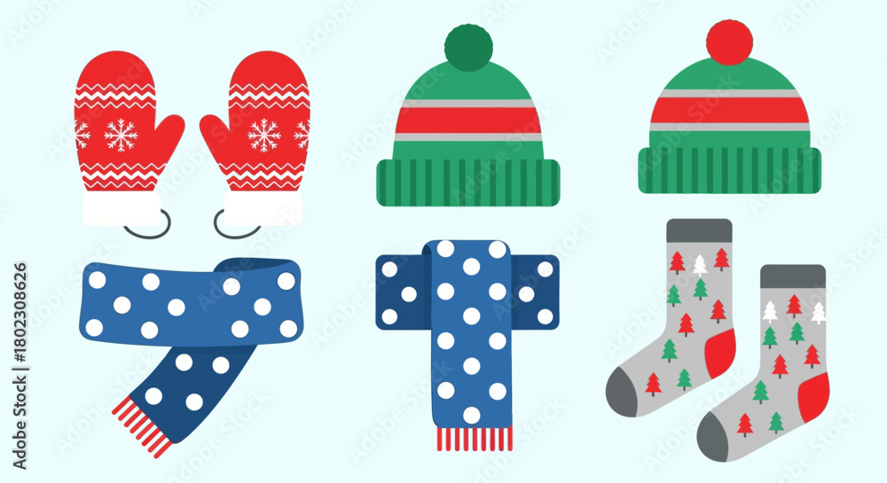 Obraz premium Collection of Cozy Winter Accessories including Hats, Scarves, and Mittens with Festive Patterns