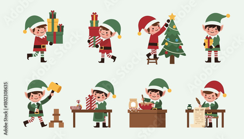 Cute Christmas elves busy preparing for the holiday season, wrapping gifts and decorating the tree