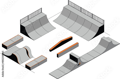 Modern isometric skatepark design with ramps, rails, half pipe, and grind boxes, minimal urban extreme sports architecture illustration concept