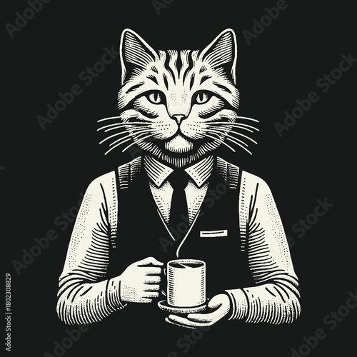 Dapper Tabby Cat Barista Serving a Hot Cup of Coffee Illustration.