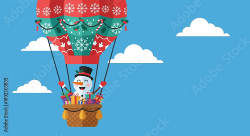 Charming Snowman Rides a Festive Hot Air Balloon Amidst a Sky Filled with Fluffy White Clouds