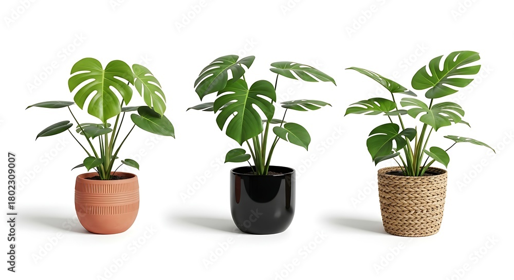 Fototapeta premium Three potted monstera deliciosa plants