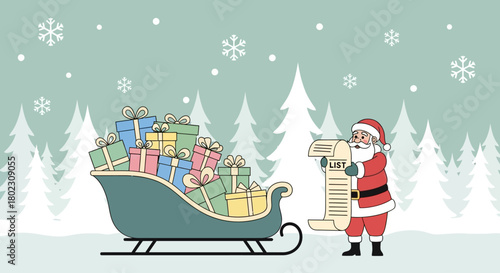 Santa Claus with a sleigh full of gifts and a list of wishes under a snowy sky with fir trees
