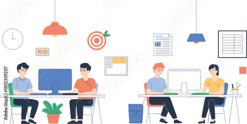 Modern office teamwork illustration with diverse people collaborating on computers, project management dashboard, communication, and productivity workspace concept