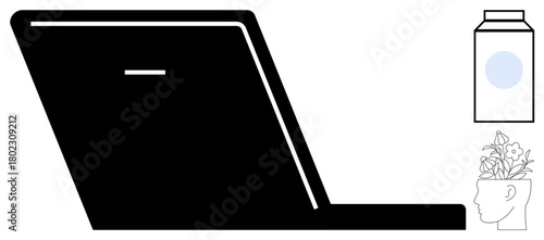 Side view of a laptop accompanied by a head filled with growing plants and a carton with a circular motif. Ideal for creativity, innovation, mindfulness, productivity, eco-focus, digital life, simple