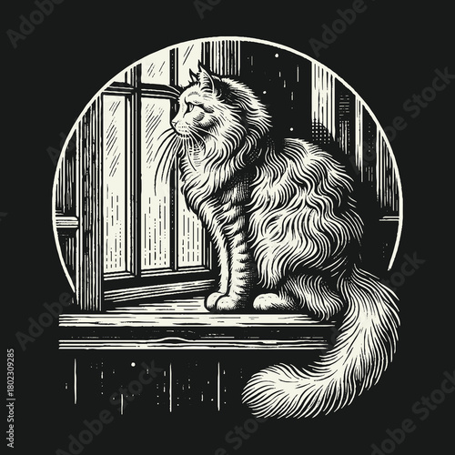 Fluffy Cat Gazing Thoughtfully from a Window Sill Illustration.