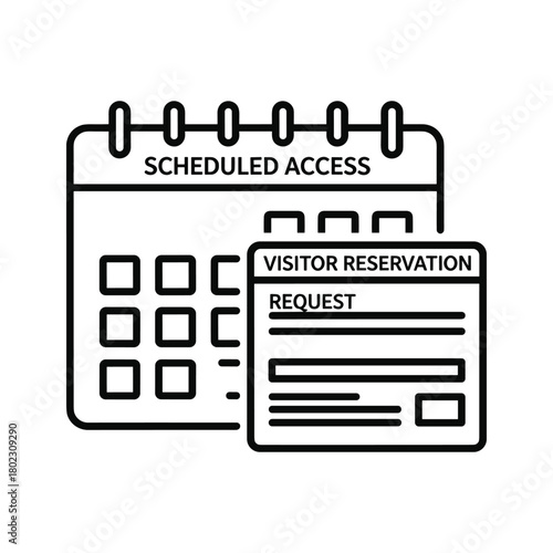 Outline icon depicting scheduled access on a calendar paired with a visitor reservation request form for booking and event management system interfaces