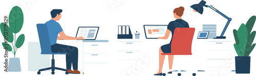 Modern open office workspace with employees working on computers, business teamwork concept, creative coworking environment, corporate collaboration, productivity and innovation