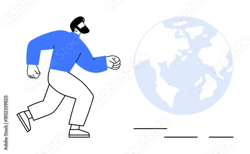 Man walking with determination toward a globe, symbolizing global ambition, exploration, progress, and connection. Ideal for teamwork, leadership, innovation, career growth global outreach travel