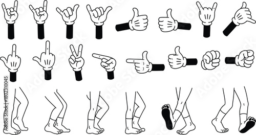 Collection of hand gestures and leg poses drawn in a simple black and white line art style