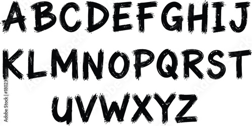 Distressed grunge alphabet letters a to z in uppercase with a rough textured brush stroke effect