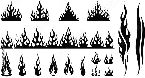 Collection of black silhouette flames and fire graphics for design elements and accents