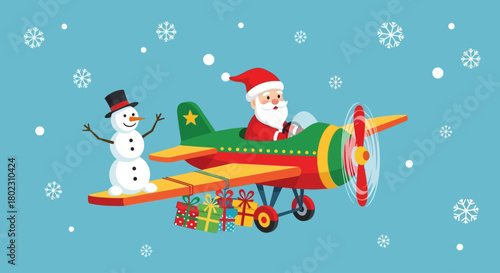 Santa Claus Flying A Plane With A Snowman And Gifts