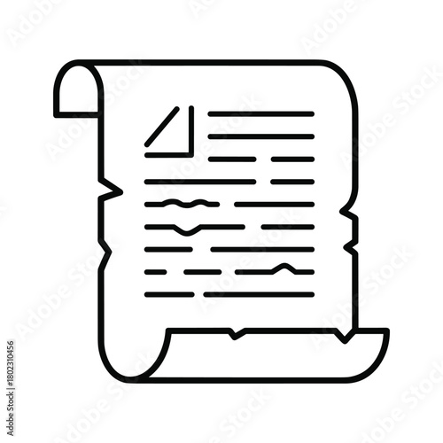 Outline icon of an old rolled parchment scroll or vintage document with abstract text lines and a clearly curled edge.
