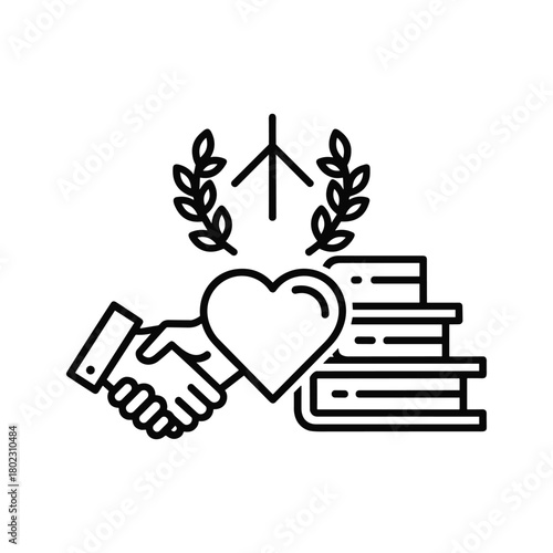 Social responsibility charity concept with handshake, heart, money, tree, representing sustainable giving.