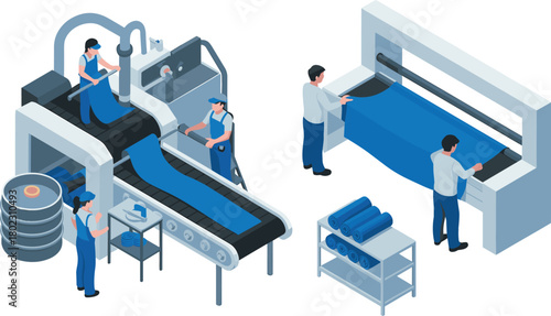 Modern textile manufacturing process with workers operating automated fabric production machines, blue fabric rolls, industrial textile equipment, garment industry workflow illustration
