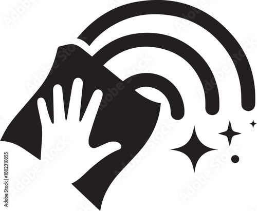 Cleaning icon showing hand wiping surface with cloth and shine symbol vector illustration