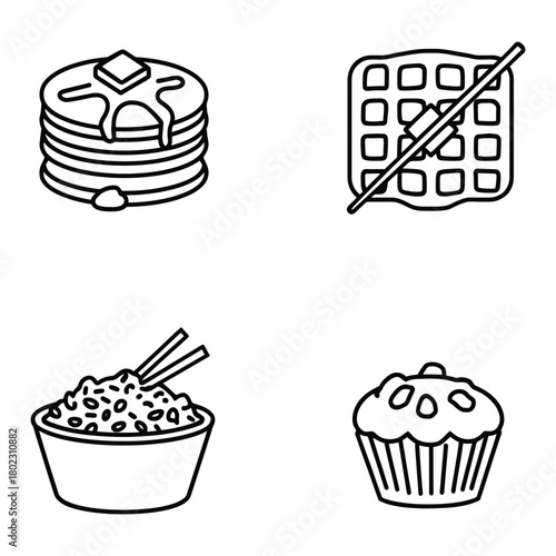 Outline Style Breakfast Dessert Icons Pancakes with Melting Butter Bowl of Rice with Chopsticks Muffin and Crossed Waffle Symbol